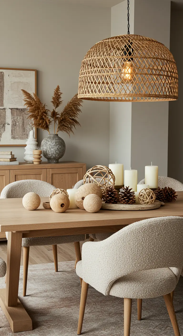 Centre de table neutre avec bougies blanches, pommes de pin et boules décoratives en bois.