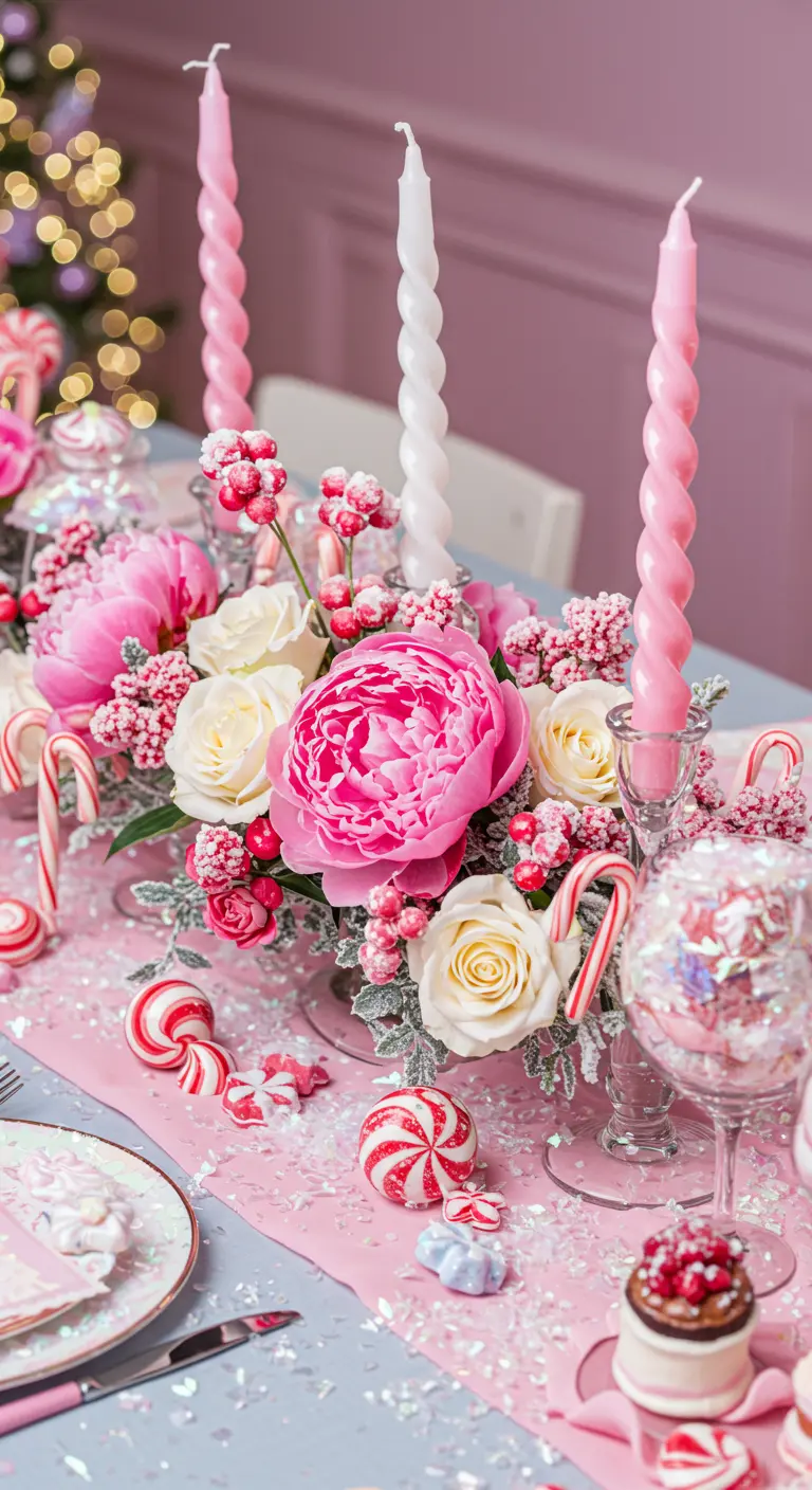 Centre de table de Noël rose avec pivoines et sucres d'orge.