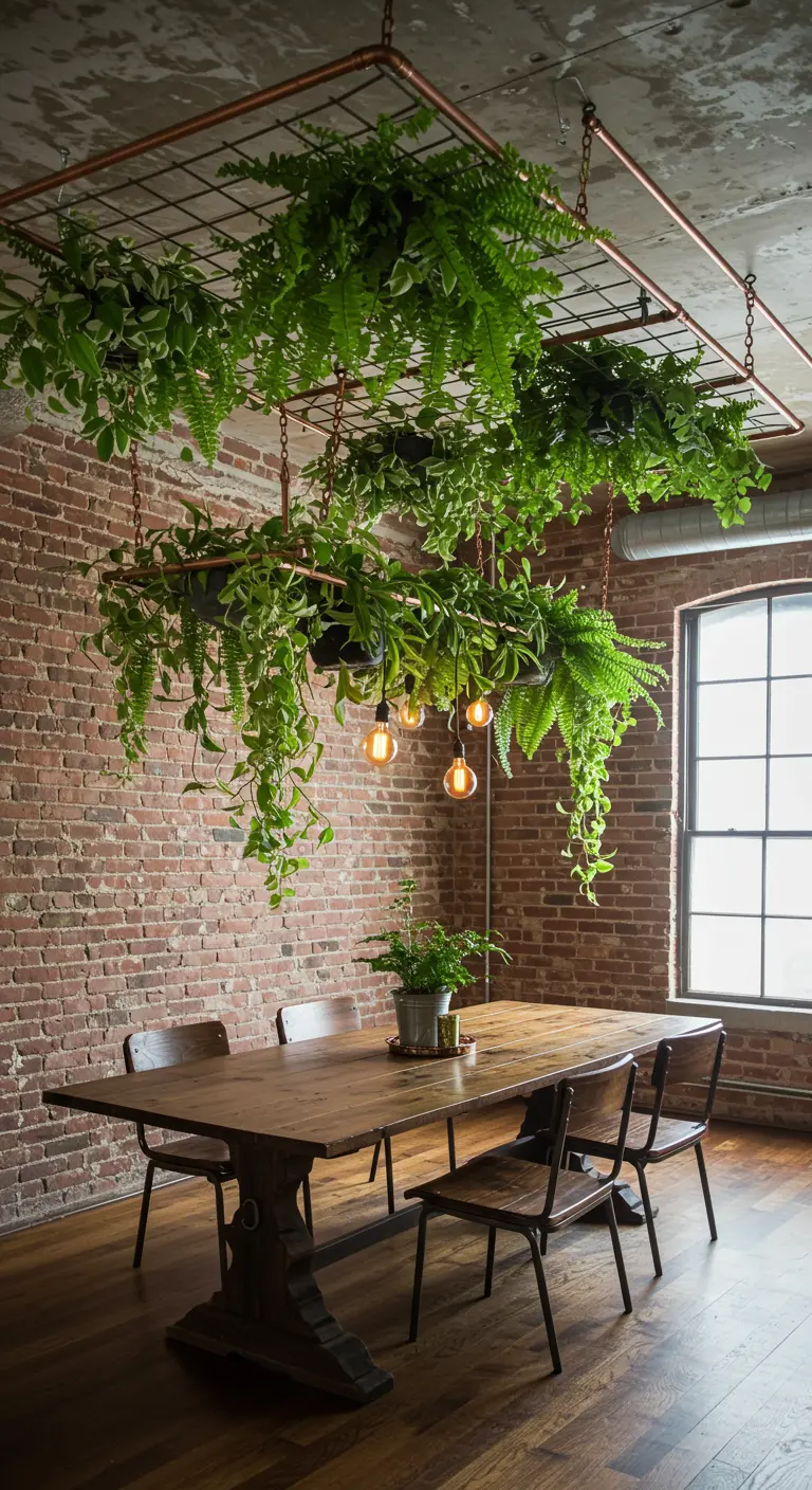 Une grille métallique suspendue au-dessus d'une table, couverte de plantes vertes retombantes.