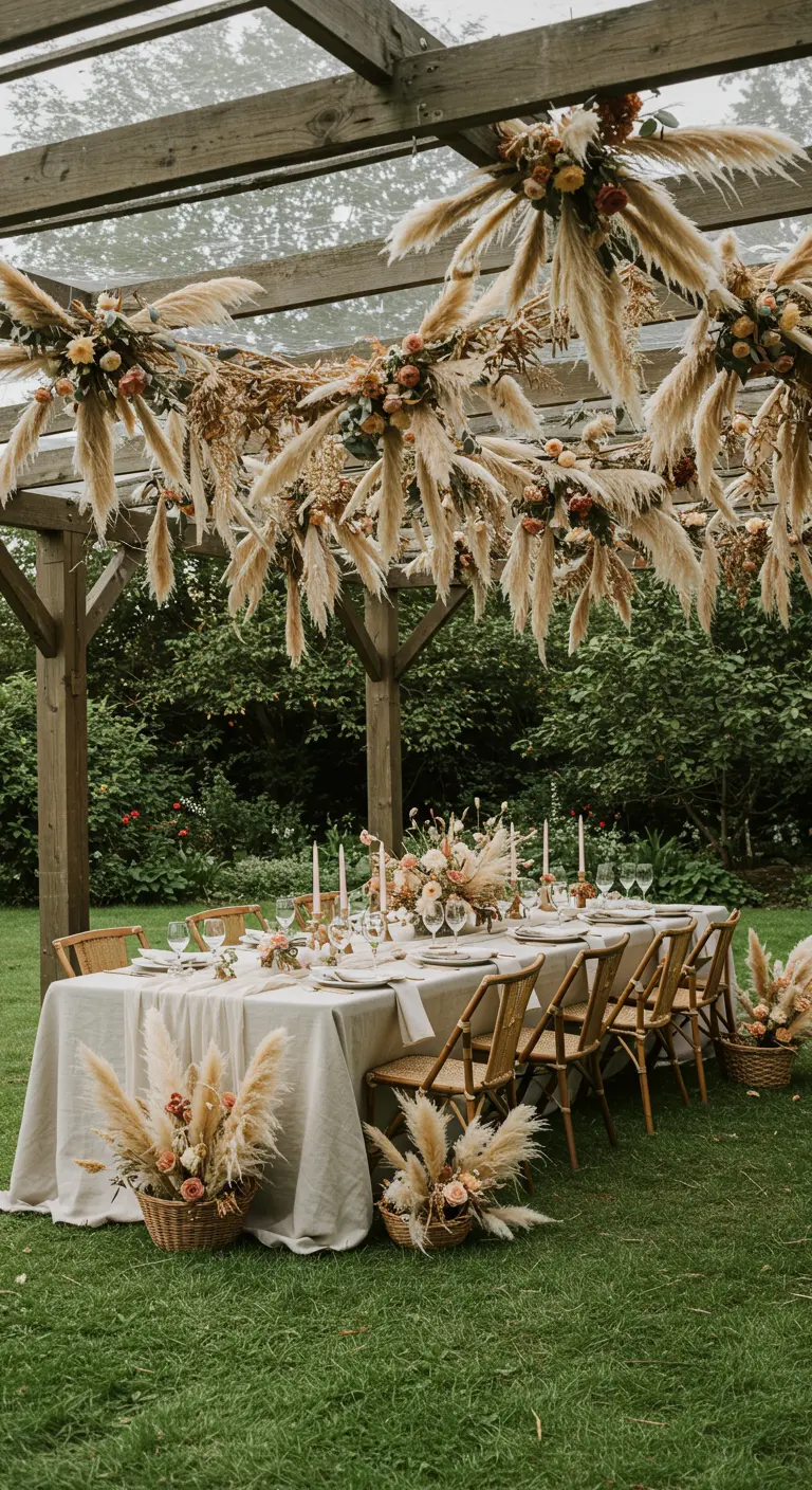 Guirlandes d'herbe de la pampa suspendues au-dessus d'une table dressée dans un jardin.