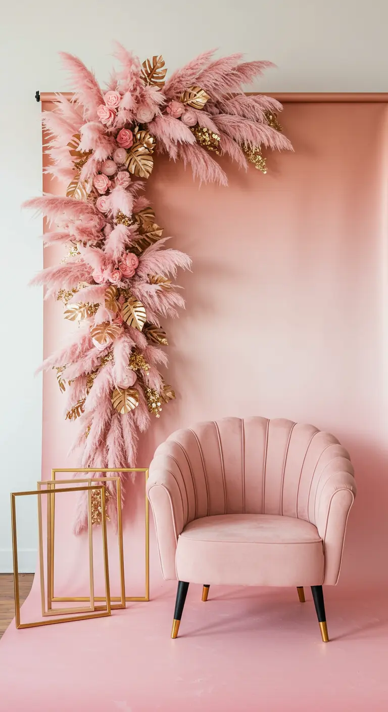 Décor photo rose avec fauteuil, arche de pampas et cadres dorés.