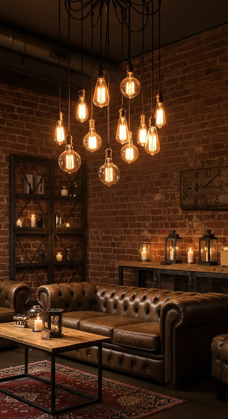 Salon de style industriel avec un lustre composé de multiples ampoules Edison suspendues.