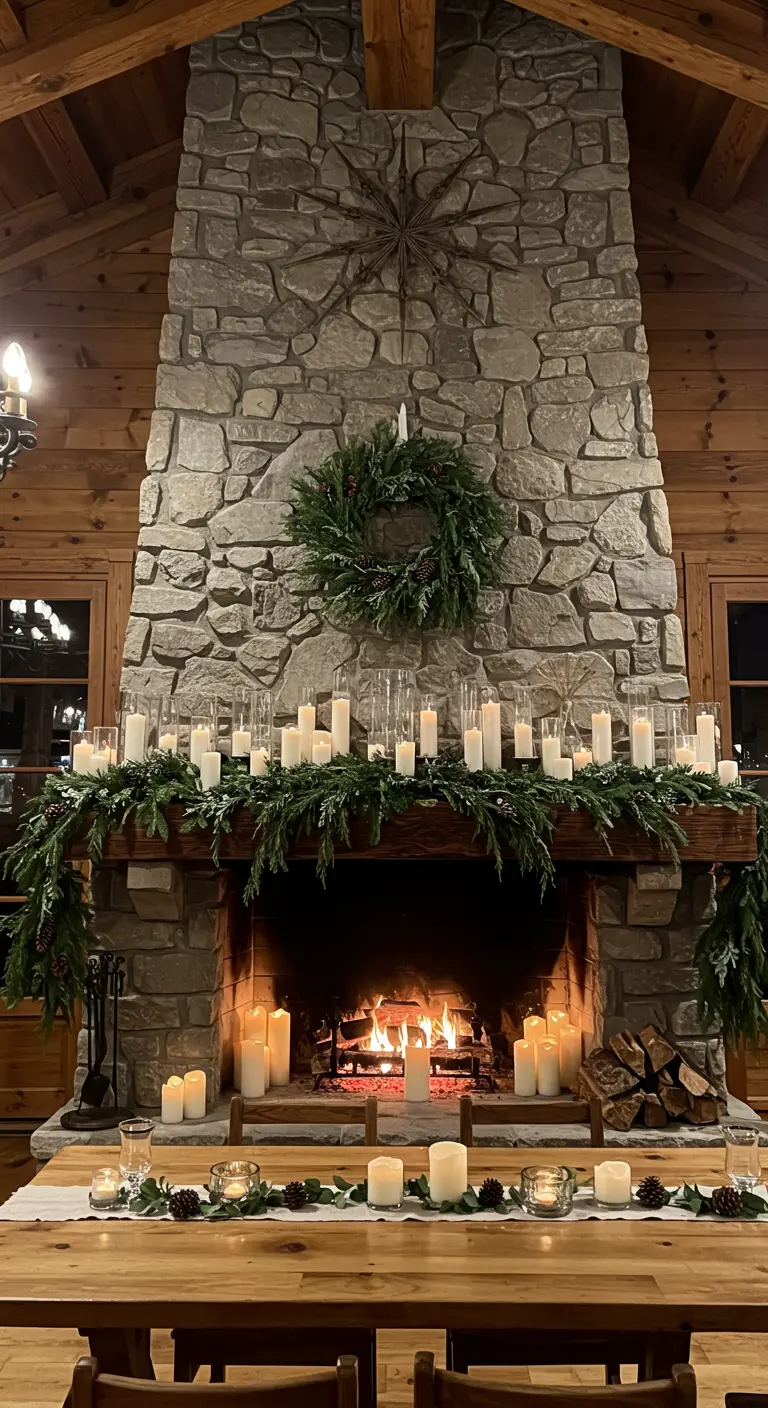 Cheminée en pierre massive décorée d'une guirlande de sapin et de nombreuses bougies en verre.