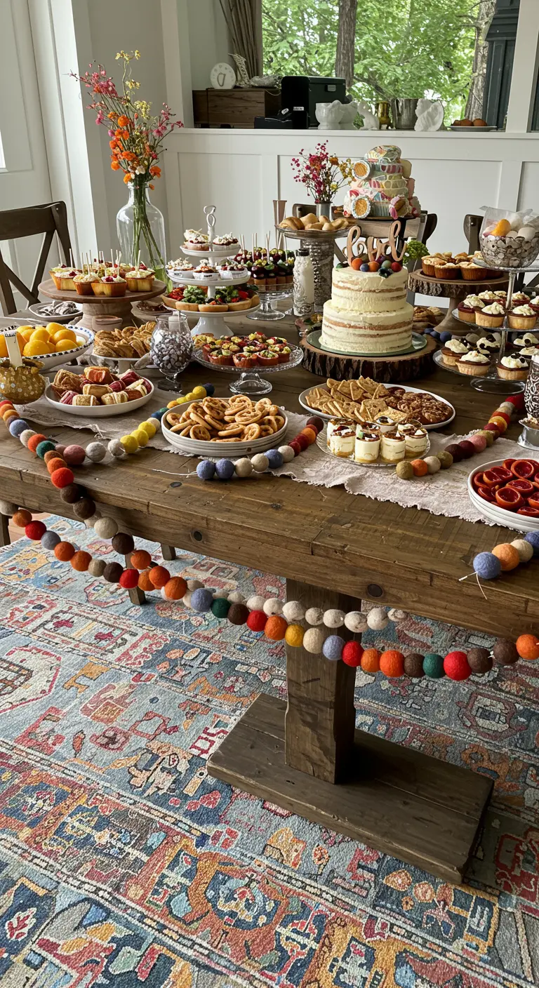 Une longue guirlande de boules de feutre multicolores drapée sur une table de buffet en bois.