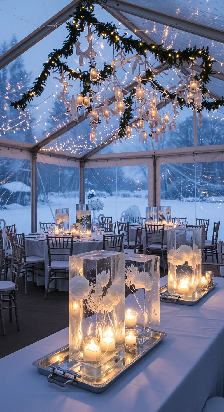 Centres de table en blocs de glace avec des fleurs et des bougies à l'intérieur.