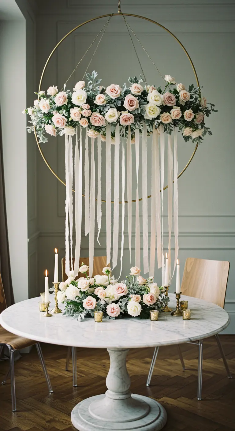 Un grand cerceau doré décoré de roses et de longs rubans blancs suspendu au-dessus d'une table.