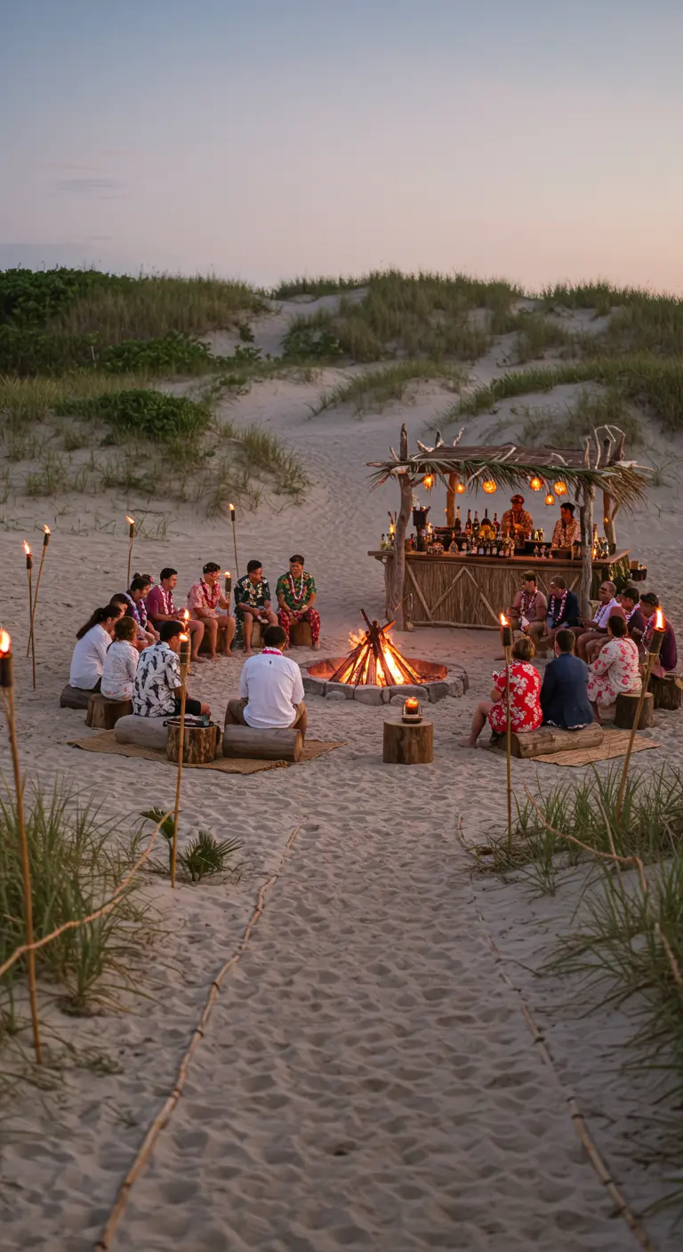 Groupe d'amis autour d'un feu de camp sur la plage, avec un bar tiki en arrière-plan.