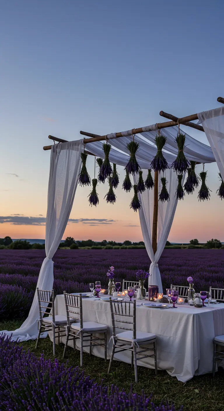 Table de mariage dans un champ de lavande sous un baldaquin décoré de bouquets suspendus.