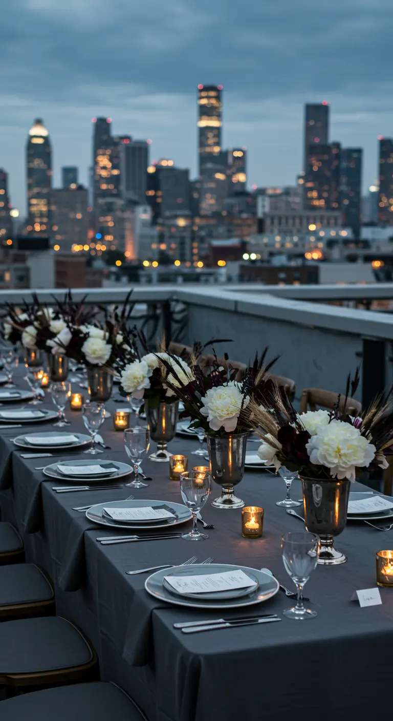 Table de mariage sur un rooftop avec vue sur la ville et des fleurs blanches.