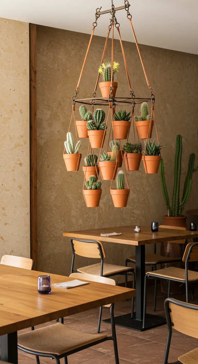 Une structure métallique à plusieurs niveaux suspendue, portant de nombreux petits pots de cactus.