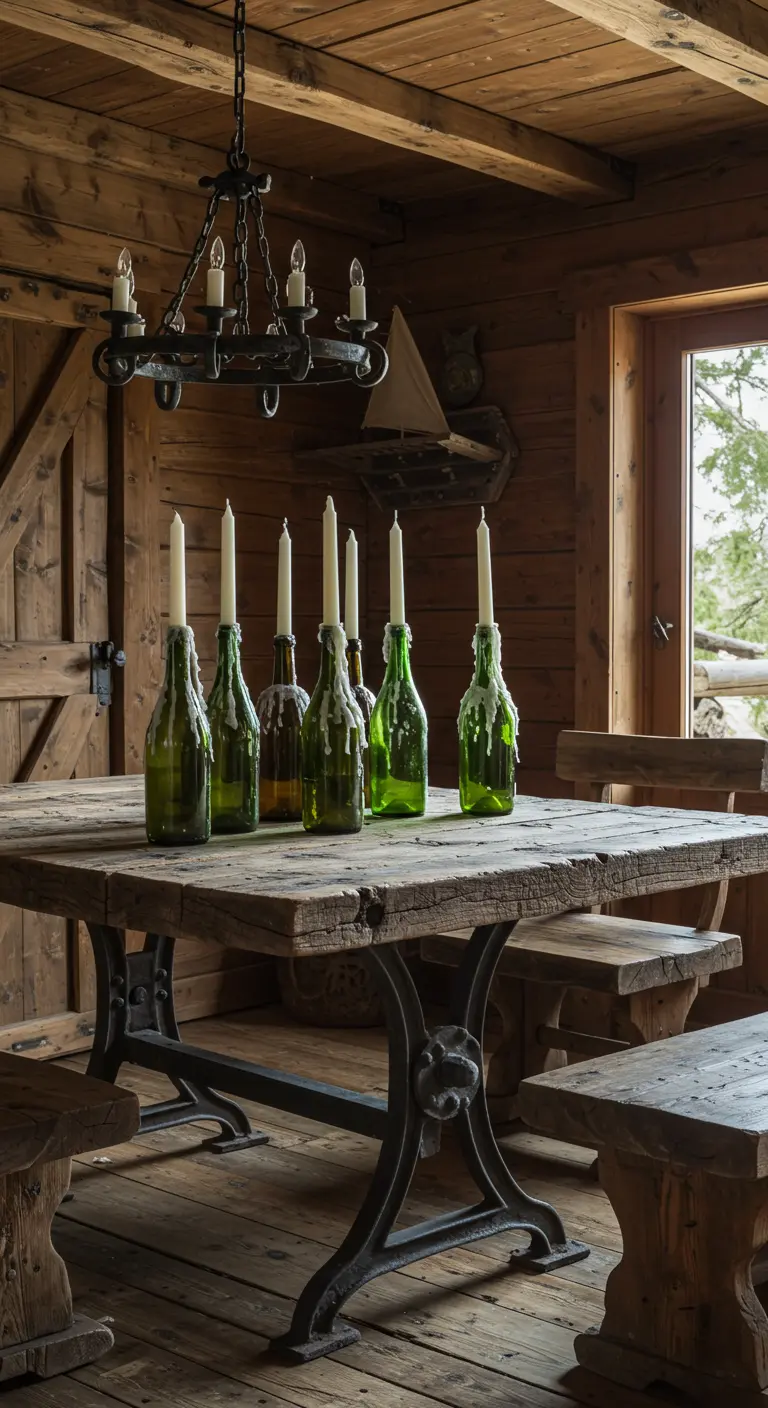 Plusieurs bouteilles de vin vertes utilisées comme bougeoirs pour des bougies blanches sur une table en bois brut.
