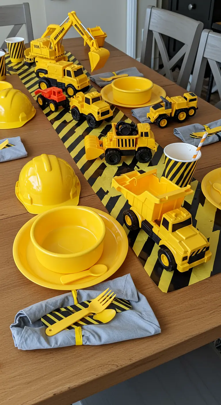 Table d'anniversaire sur le thème du chantier avec des camions jouets et de la vaisselle jaune.