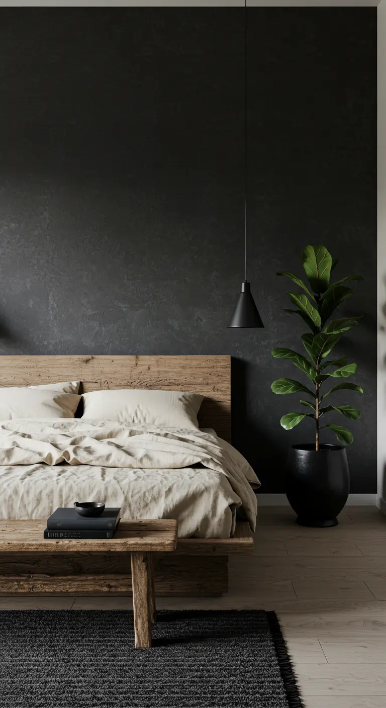 Chambre minimaliste avec mur texturé anthracite, lit en bois brut et grande plante verte.