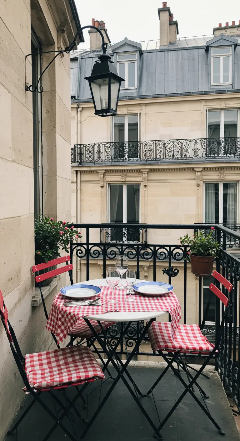 Balcon parisien avec une table de bistrot recouverte d'une nappe à carreaux vichy rouge