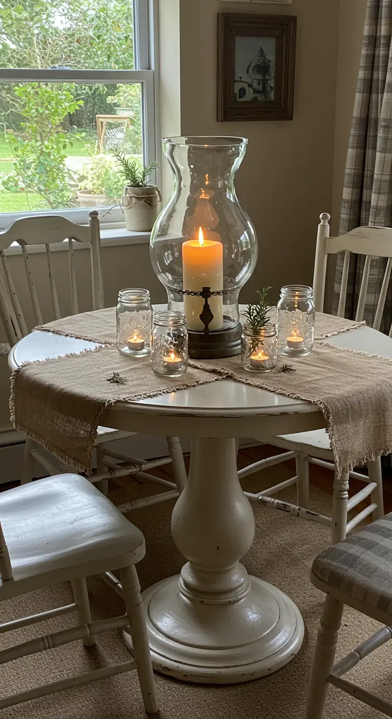 Petite table ronde avec une grande lanterne et des bocaux en verre comme photophores.