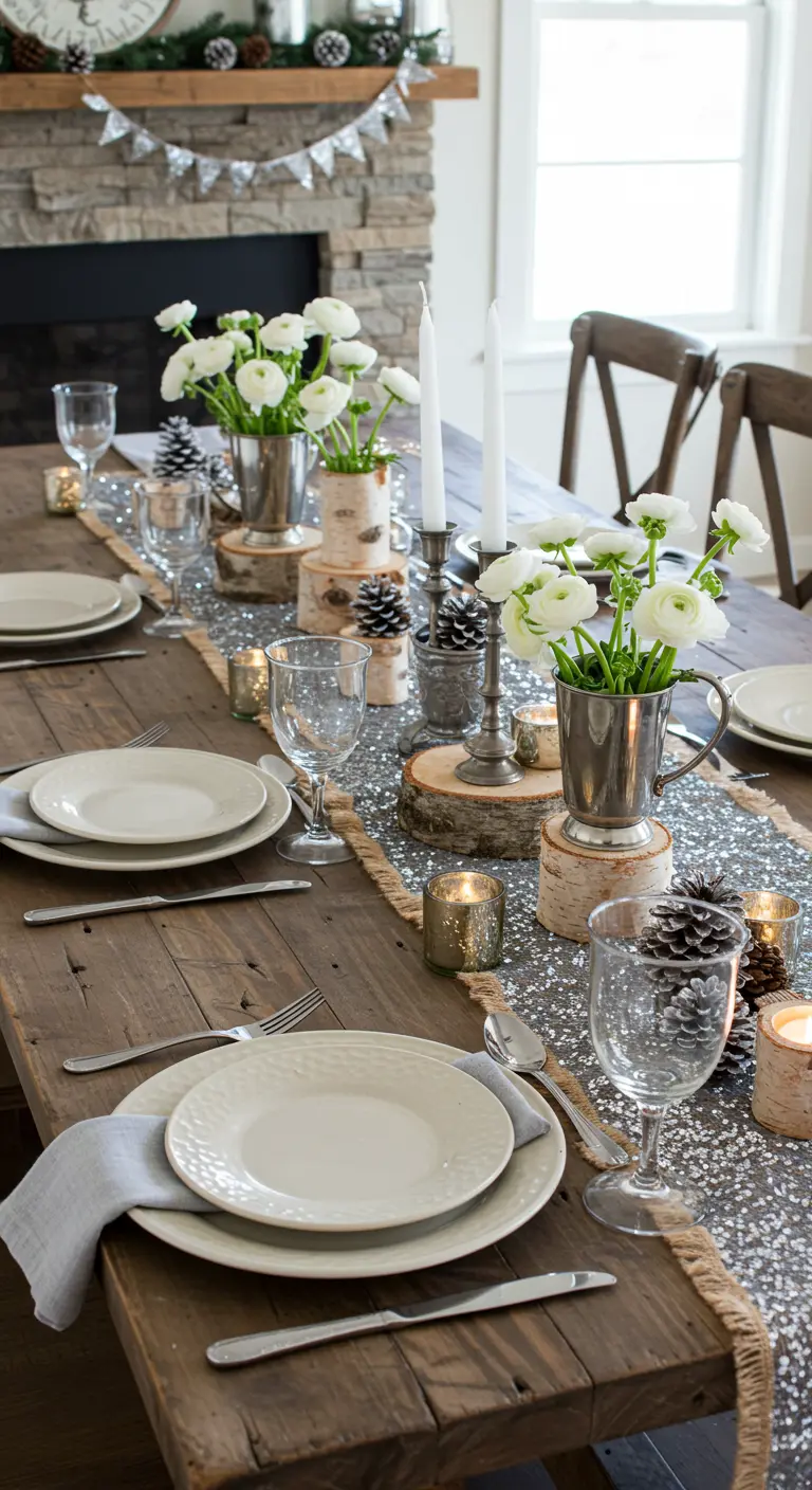 Table rustique avec chemin de table à paillettes, rondins de bois et fleurs blanches.