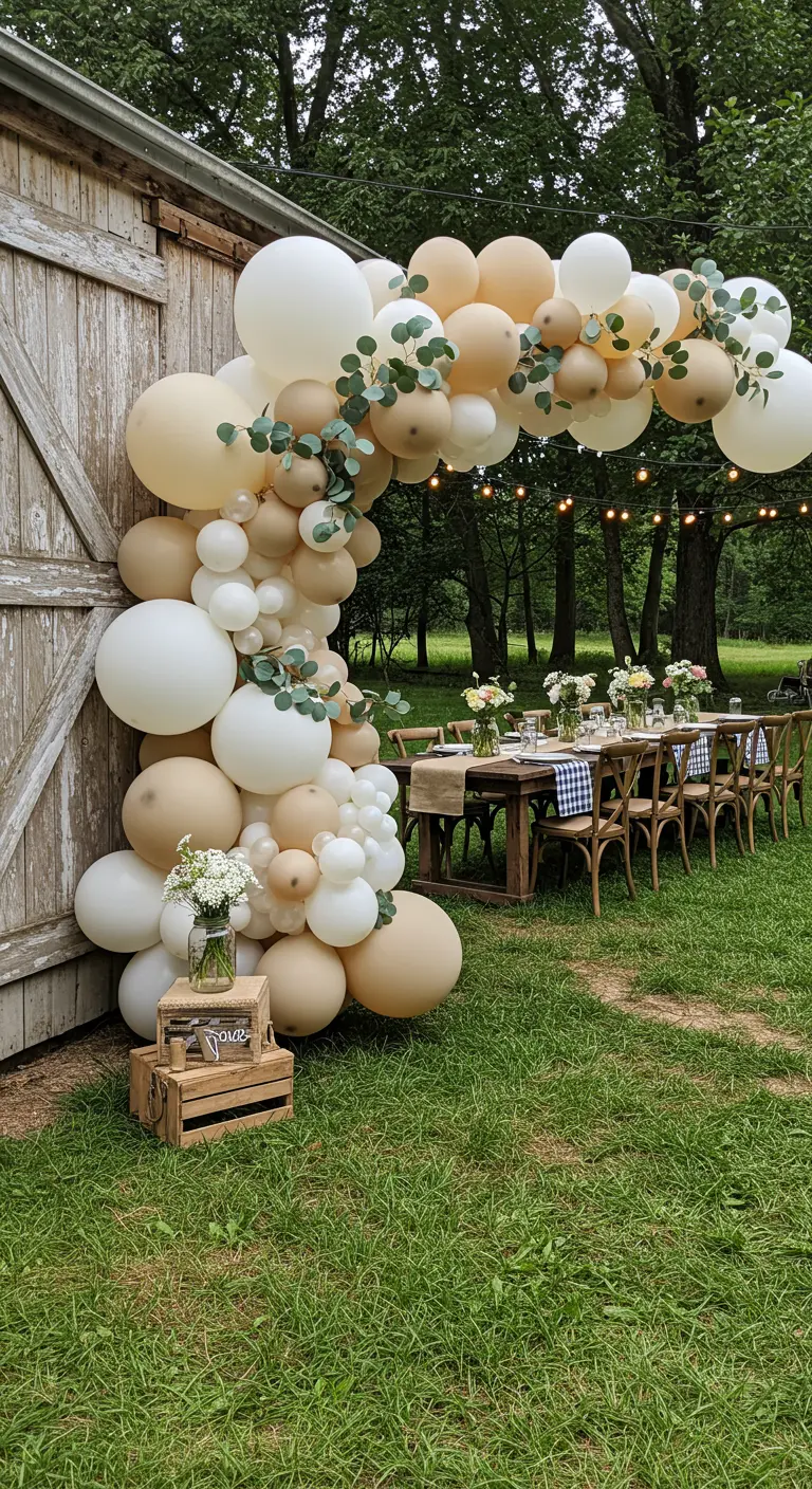 Arche de ballons blancs et beiges avec de l'eucalyptus, à côté d'une grange.
