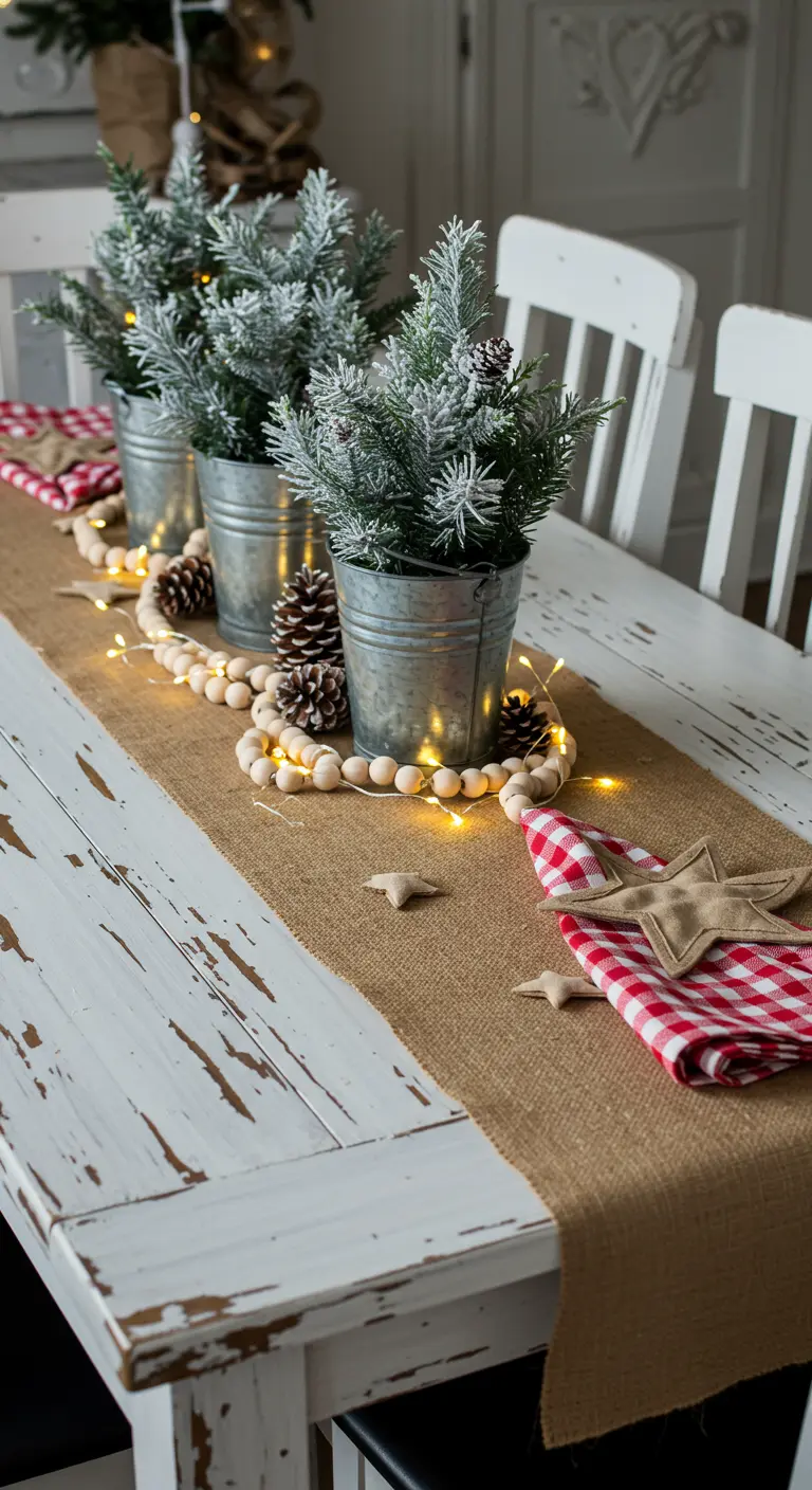 Décor de table rustique avec des mini-sapins en pot et un chemin de table en jute.