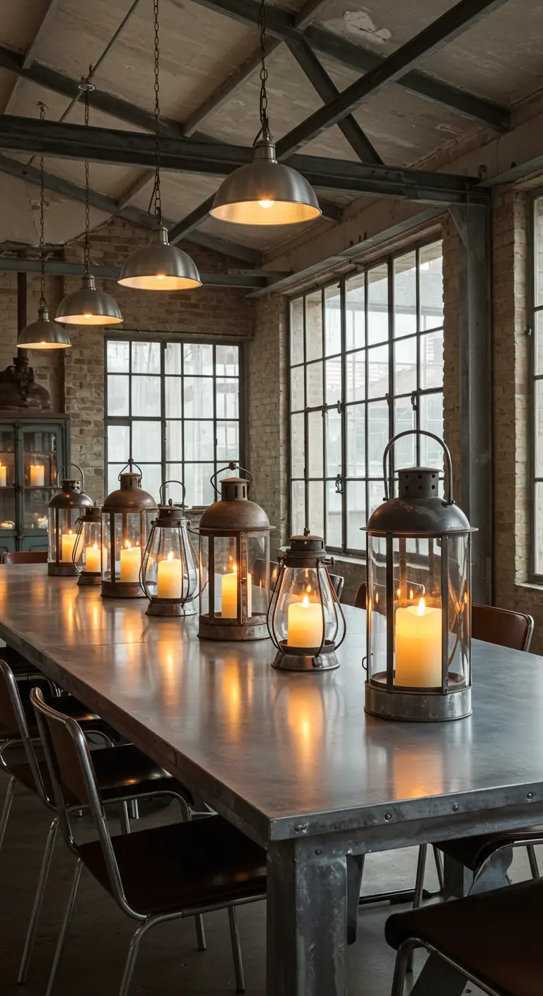 Une longue table industrielle éclairée par une rangée de lanternes en métal contenant des bougies.