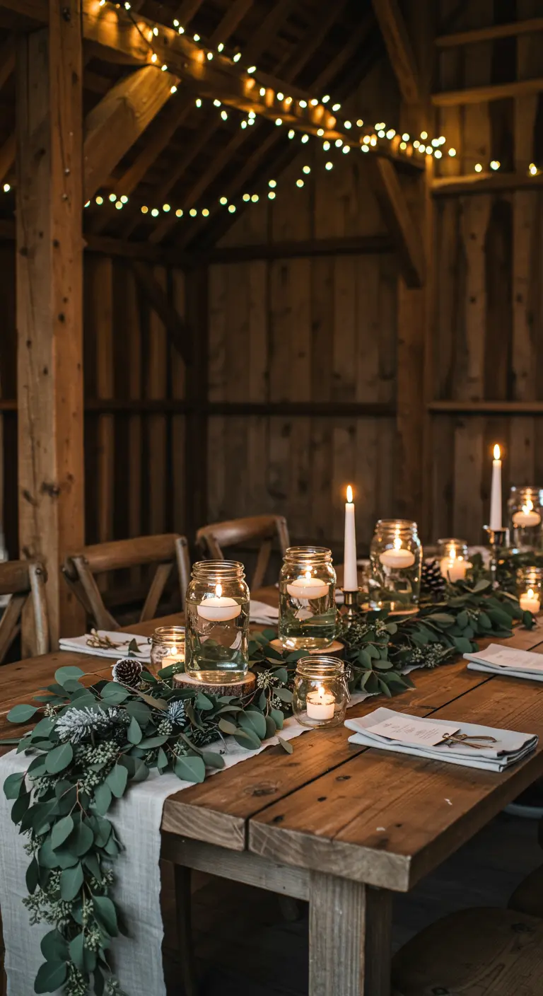 Table en bois rustique avec des bougies flottantes dans des bocaux et une guirlande d'eucalyptus.