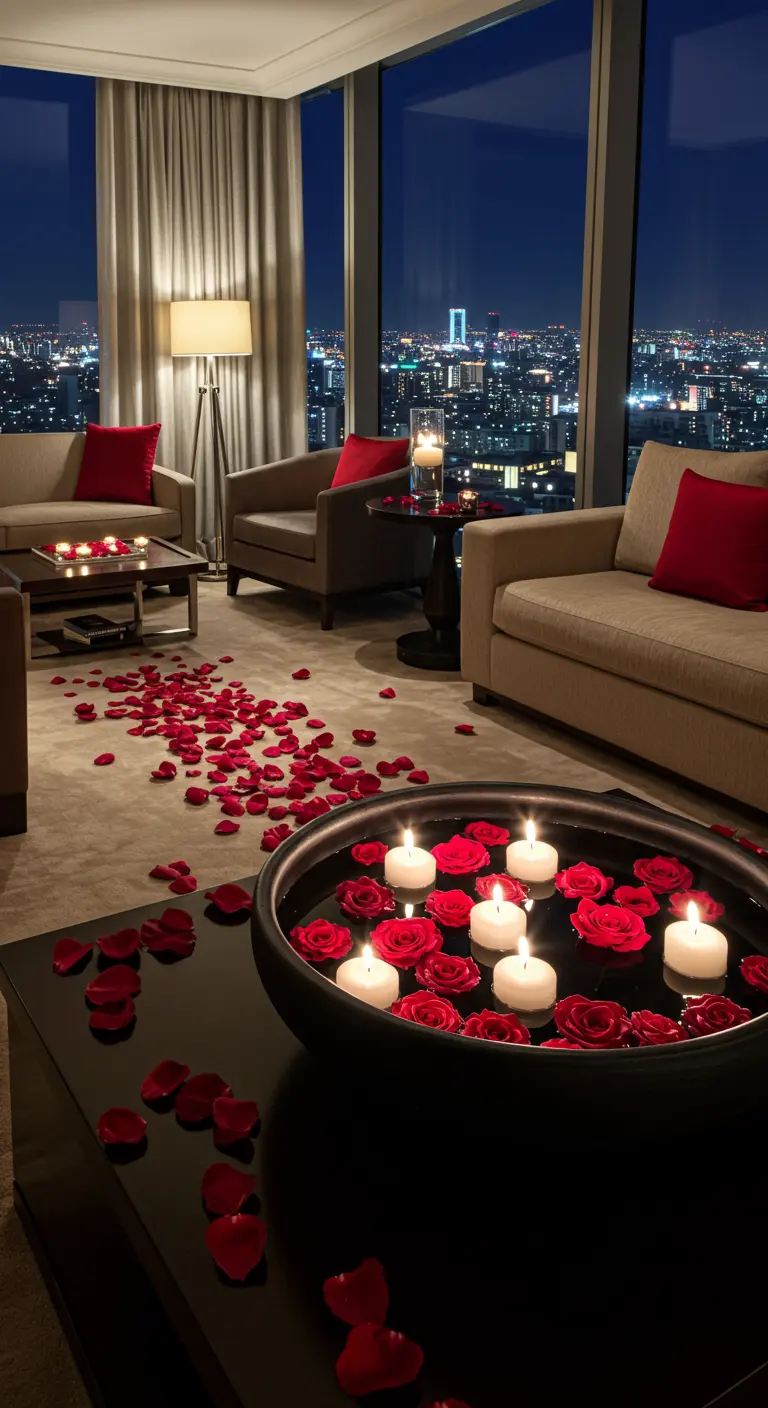 Salon d'appartement avec un chemin de pétales de roses menant à un vase.