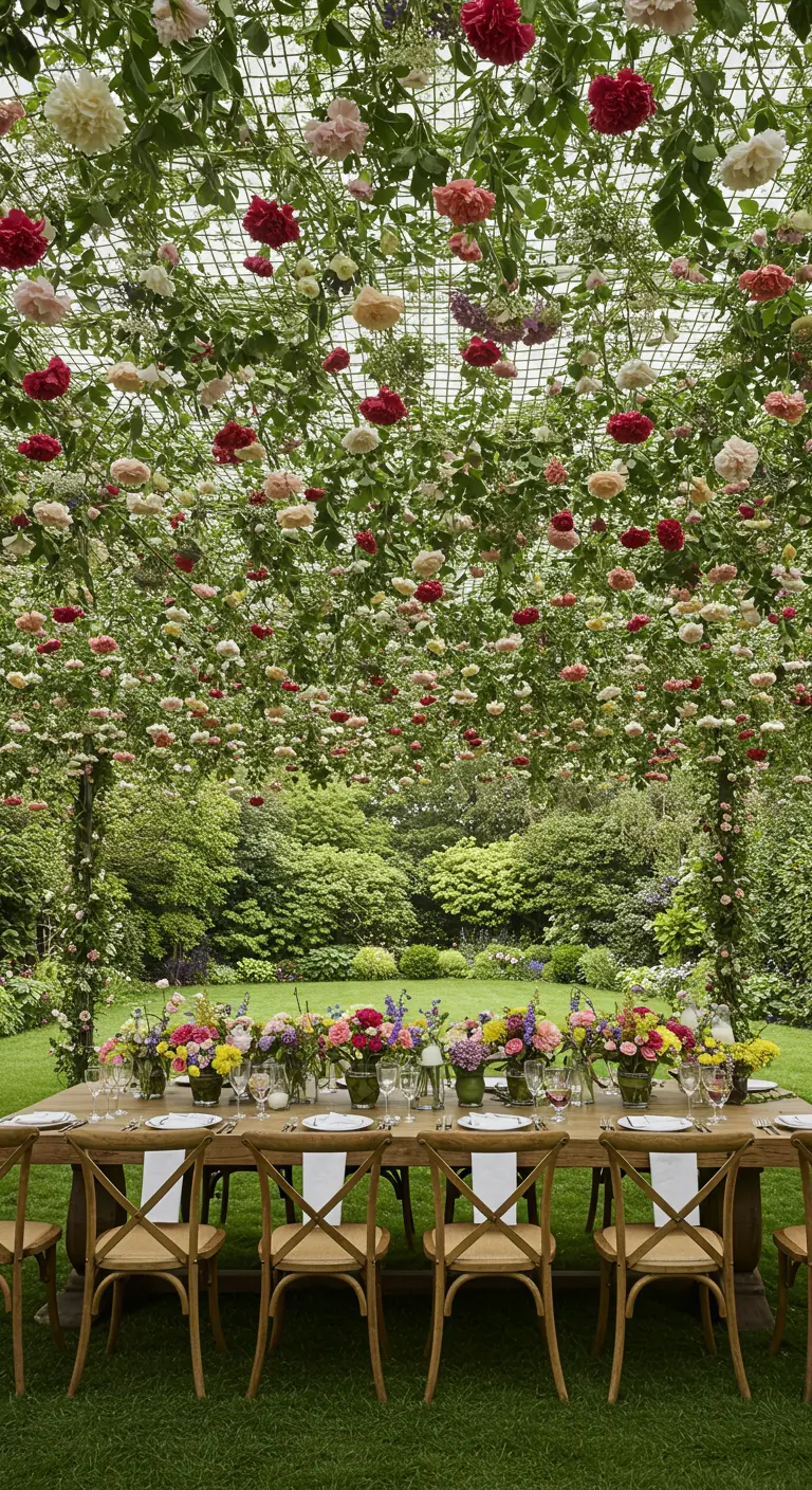 Un plafond extérieur entièrement couvert de roses de différentes couleurs au-dessus d'une table dressée dans un jardin.