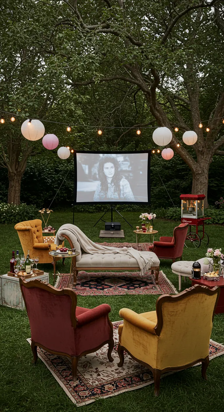 Projection de film en plein air avec fauteuils vintage et lampions.