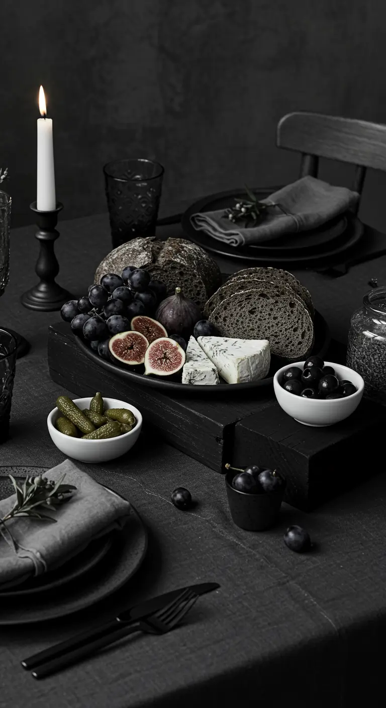 Table de brunch sombre et dramatique avec vaisselle, pain et fromages noirs.