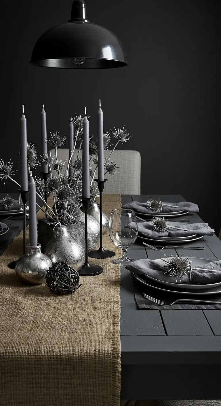 Décor de table monochrome gris et argent avec des bougies grises et des chardons.