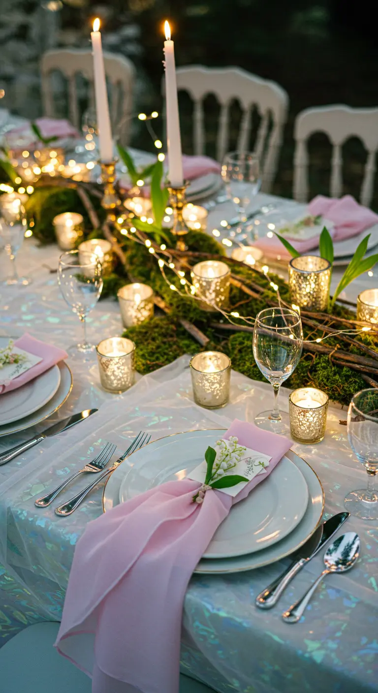 Centre de table féerique avec mousse, branches, guirlandes et bougies.