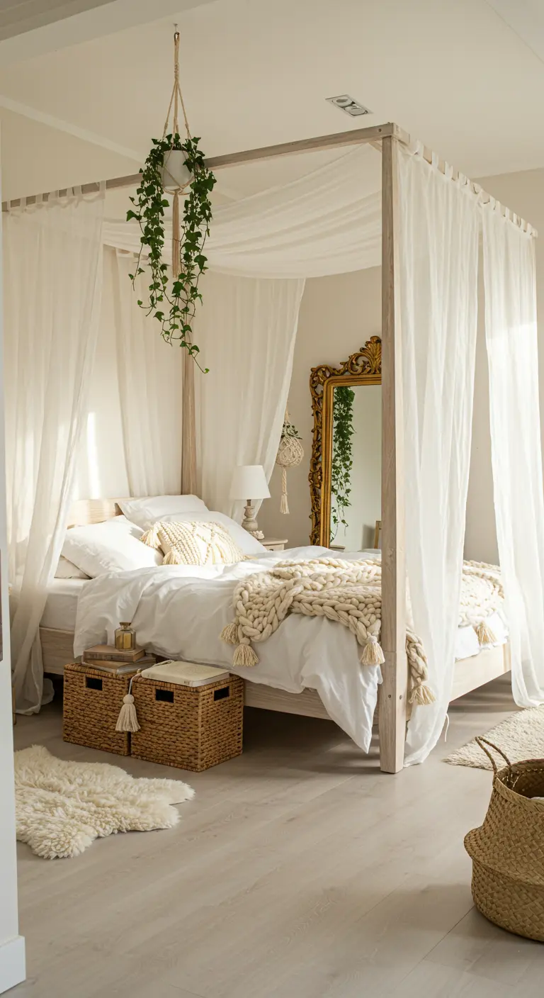 Lit à baldaquin avec voilages blancs, plaid en grosse maille et miroir doré orné.