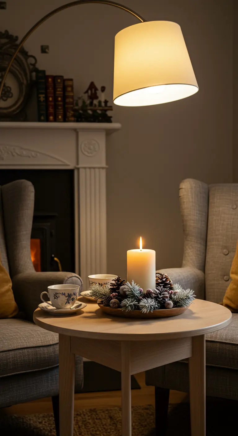 Bougie sur une petite table d'appoint entre deux fauteuils, décorée d'une mini-couronne.