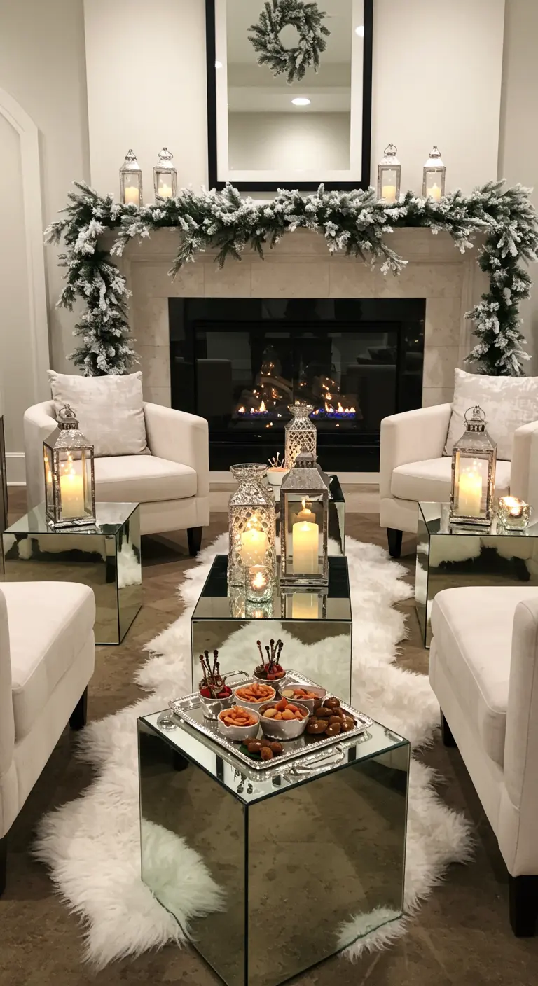 Salon chic avec cheminée, guirlande enneigée et tables miroir.