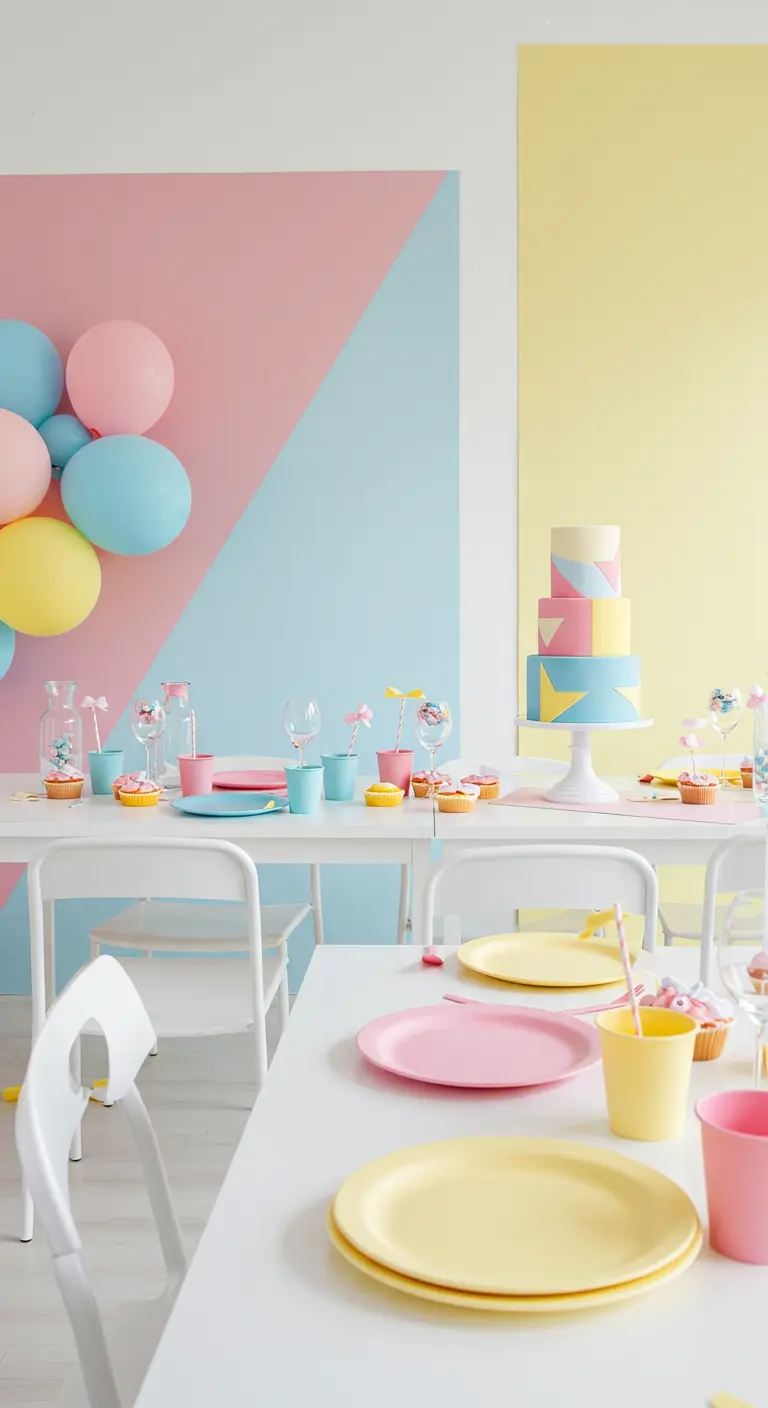 Décor de fête avec un mur peint en color block pastel et de la vaisselle assortie.