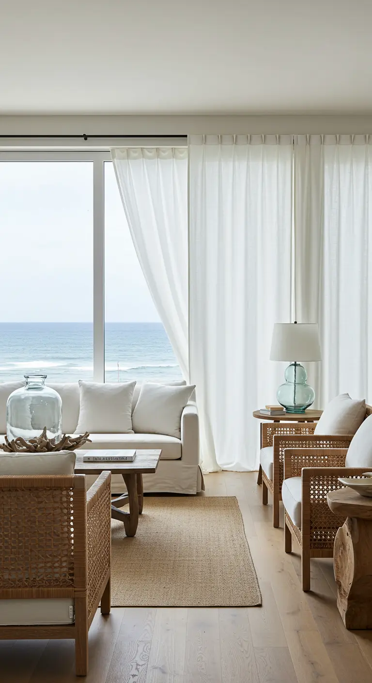 Salon face à la mer avec mobilier en rotin et canapé blanc