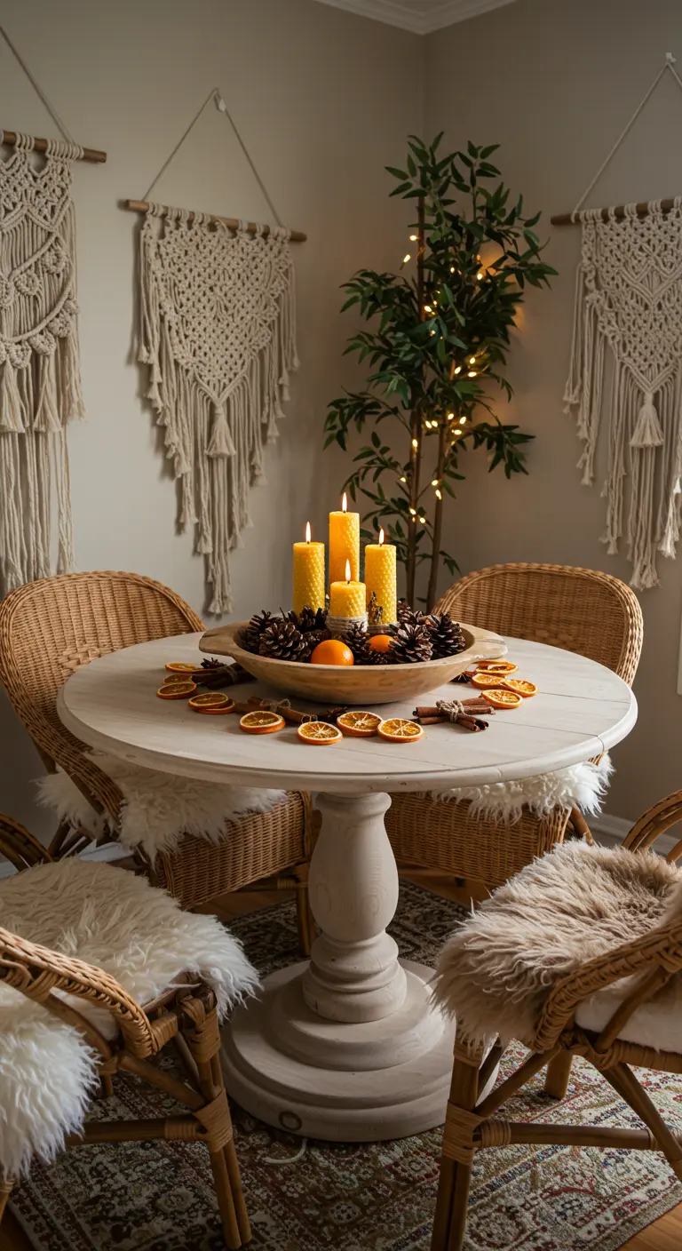 Centre de table bohème dans un bol en bois avec bougies, oranges séchées et pommes de pin.