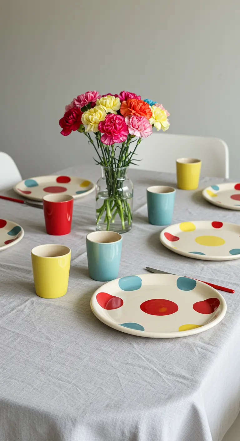 Table simple avec de la vaisselle à pois colorés et des gobelets assortis.
