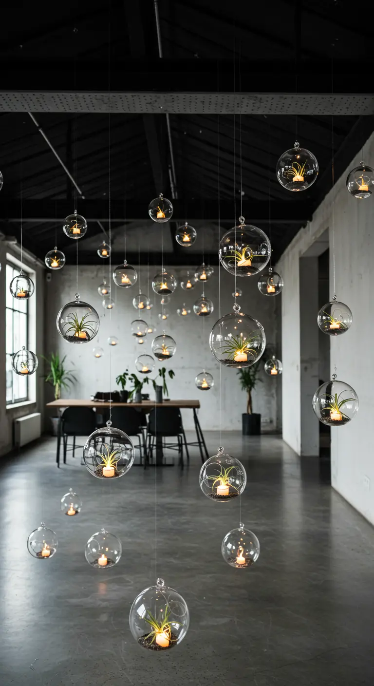 Bulles de verre suspendues avec des plantes et des bougies LED dans un espace loft minimaliste.