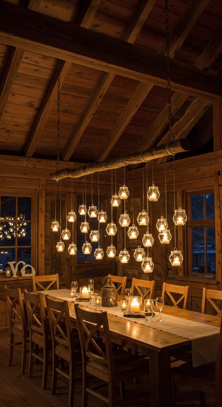 Lustre DIY fait d'une branche de bois et de multiples photophores en verre suspendus au-dessus d'une table.