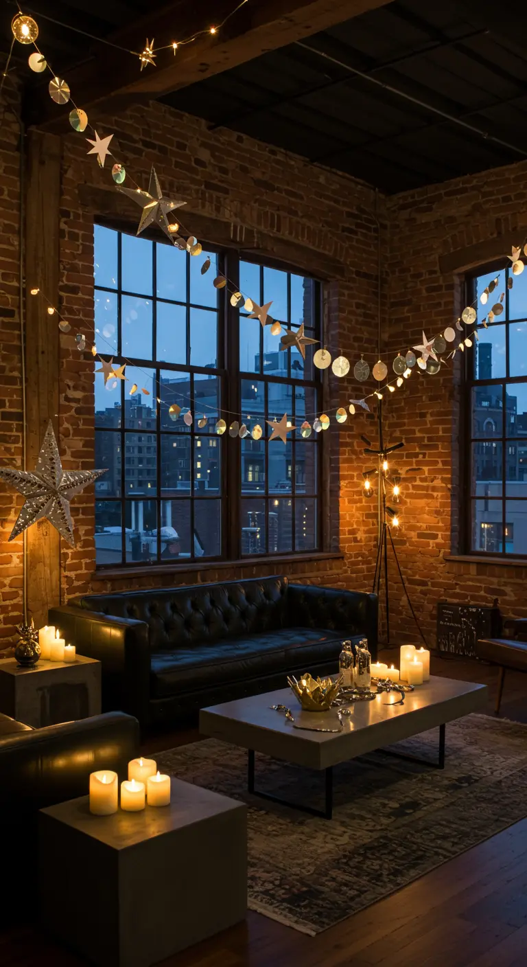 Guirlande d'étoiles et de cercles argentés suspendue dans un salon de style loft la nuit.