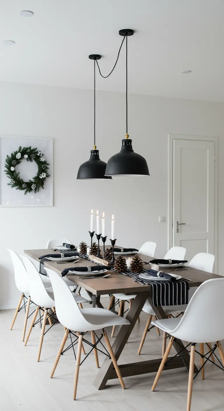 Table de salle à manger moderne avec des accents noirs et des pommes de pin.