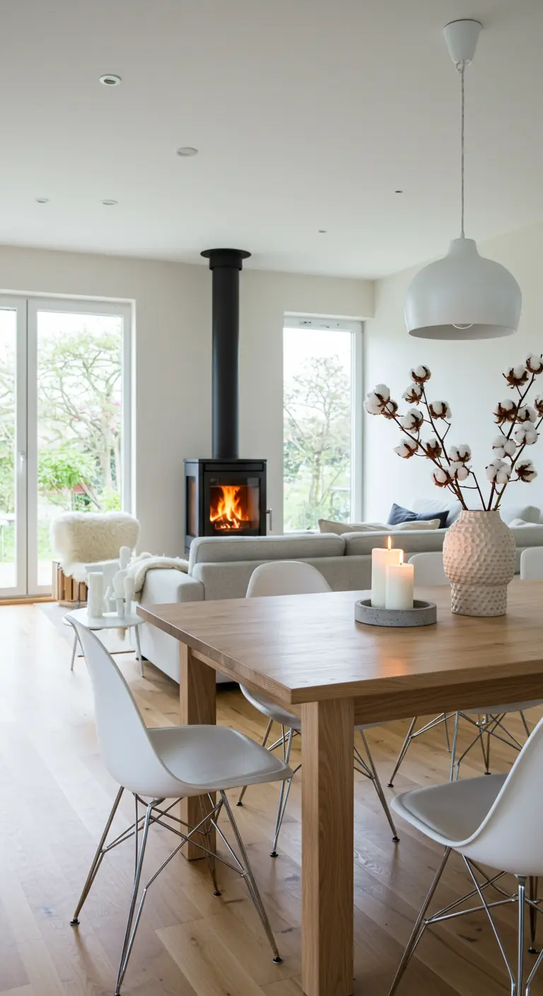 Table en bois clair dans un salon moderne, avec des branches de coton dans un vase et un poêle à bois.