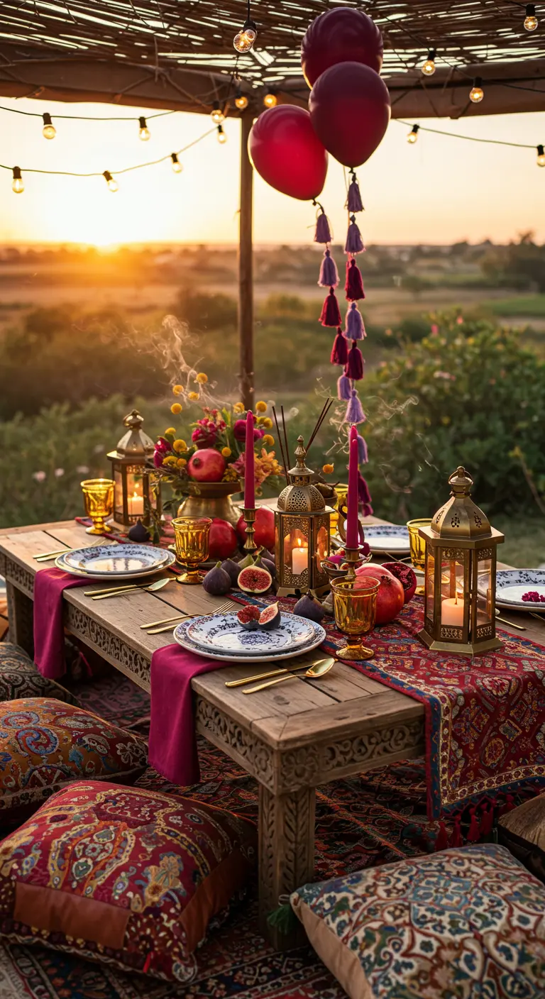 Table basse bohème en extérieur au coucher du soleil, avec coussins, lanternes et fruits.
