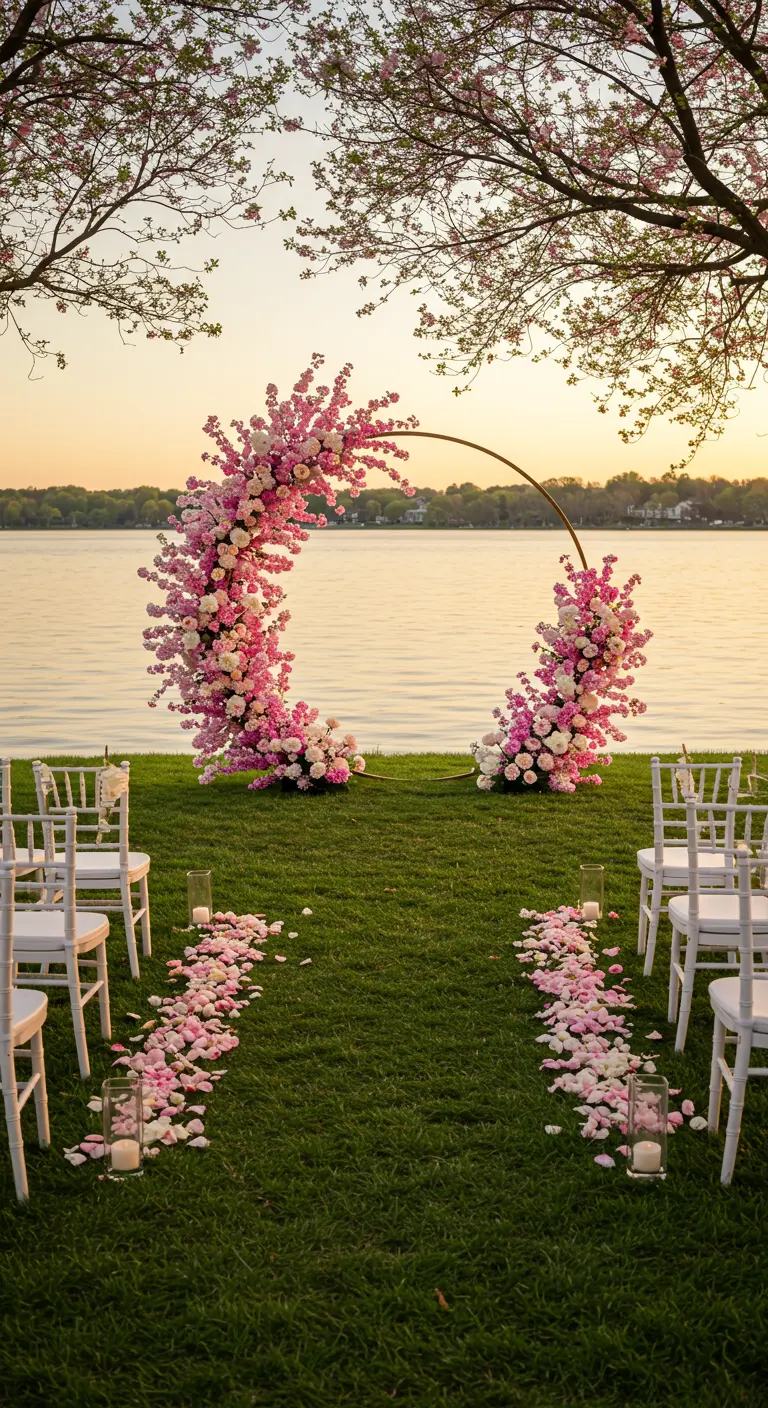 Arche de mariage semi-circulaire en fleurs de cerisier roses au bord d'un lac.