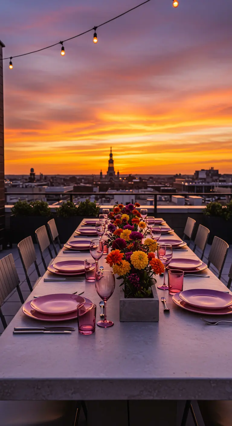 Longue table sur un rooftop au coucher du soleil avec de la vaisselle rose.