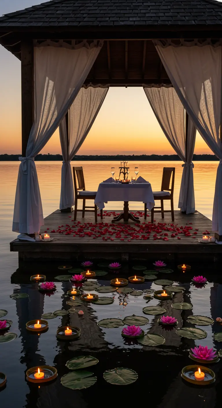 Dîner romantique sur un ponton au coucher du soleil, avec bougies sur l'eau.