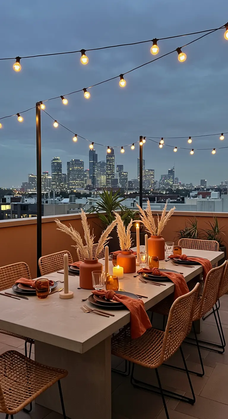 Table dressée sur un rooftop avec des tons terracotta et des guirlandes lumineuses.