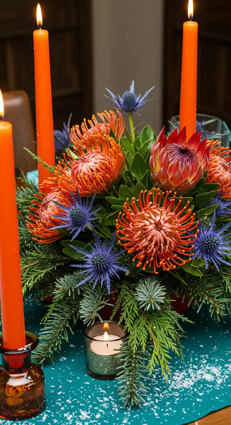 Bouquet de fête avec protées orange, chardons bleus et bougies.