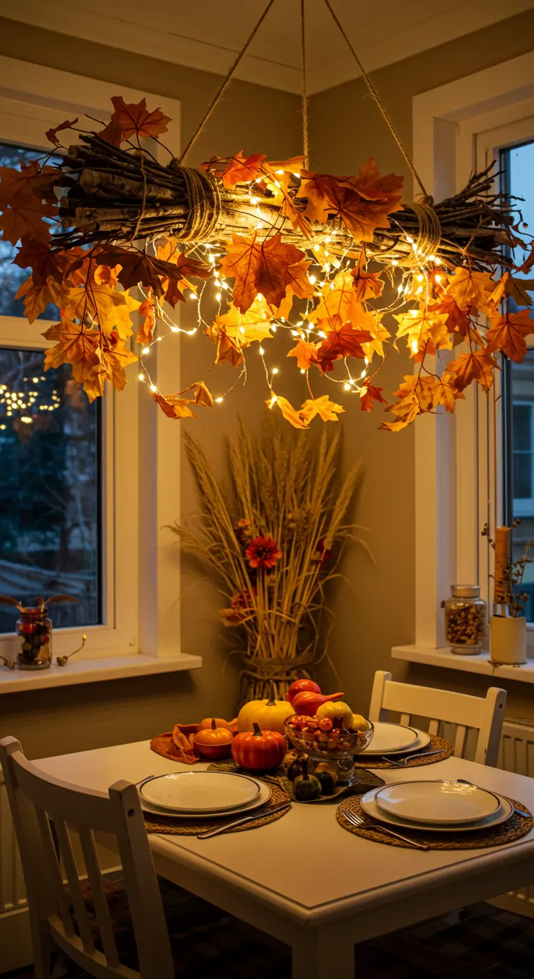 Une couronne de branches et de feuilles d'automne illuminée par une guirlande, suspendue au-dessus d'une table.