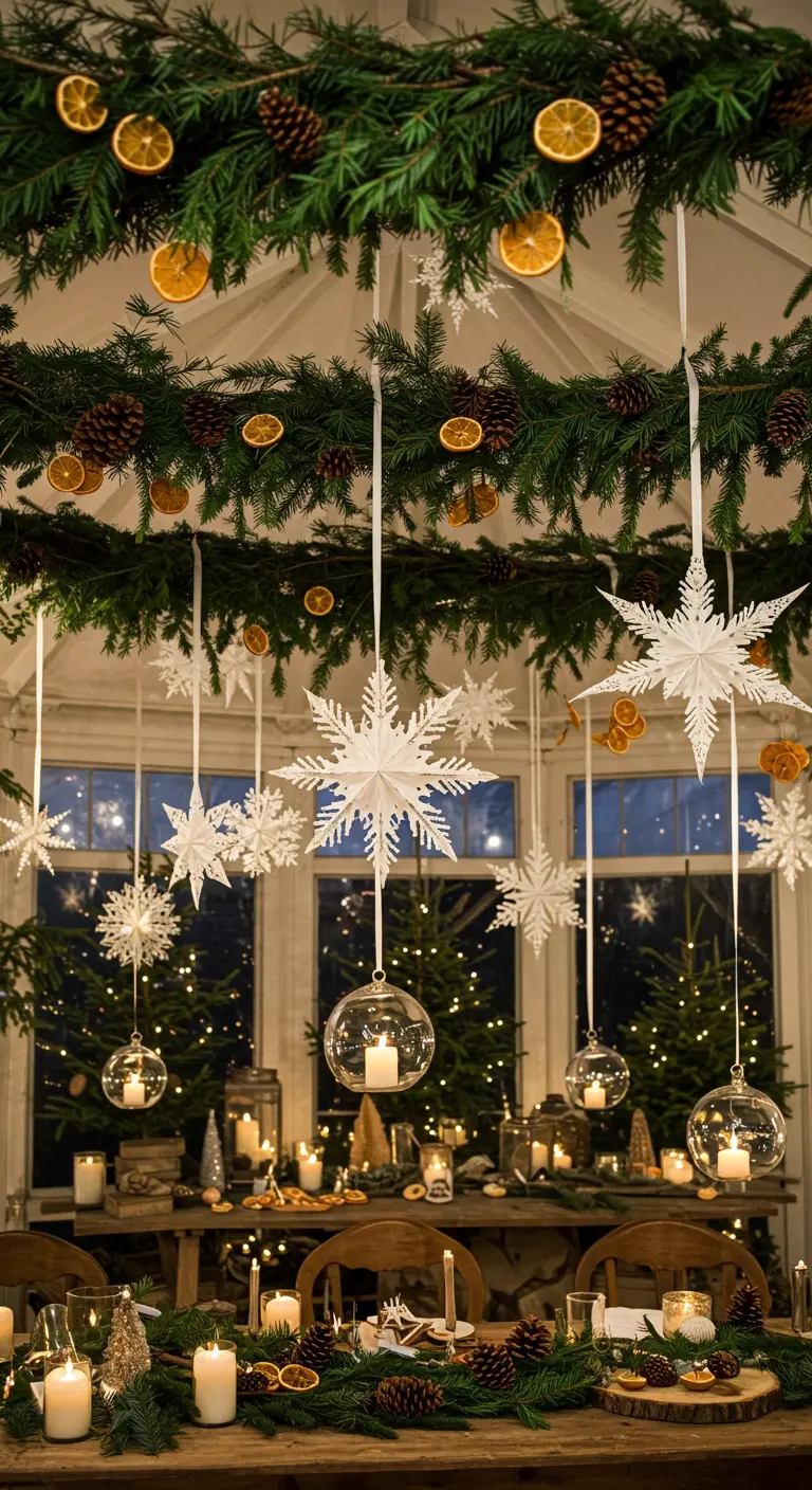 Guirlande de sapin suspendue avec des flocons en papier et oranges séchées au-dessus d'une table.